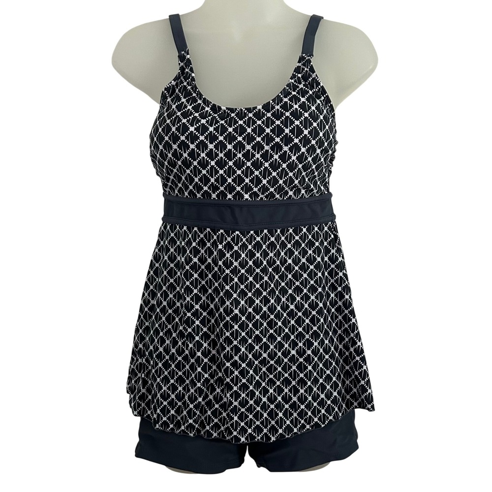 Women's Tankini Set Slate Blue White Small Geometric Boyshorts Padded S Small